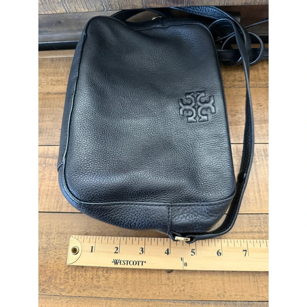 Tory Burch Crossbody Bag Womens Small Black Pebbled Leather Embossed Logo